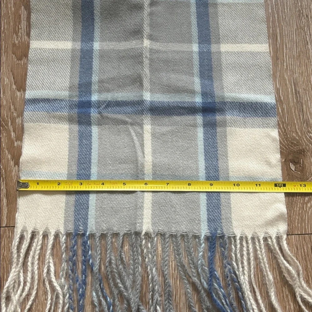 Cream/Gray/Blue Plaid Acrylic Knit Scarf 12”x72”